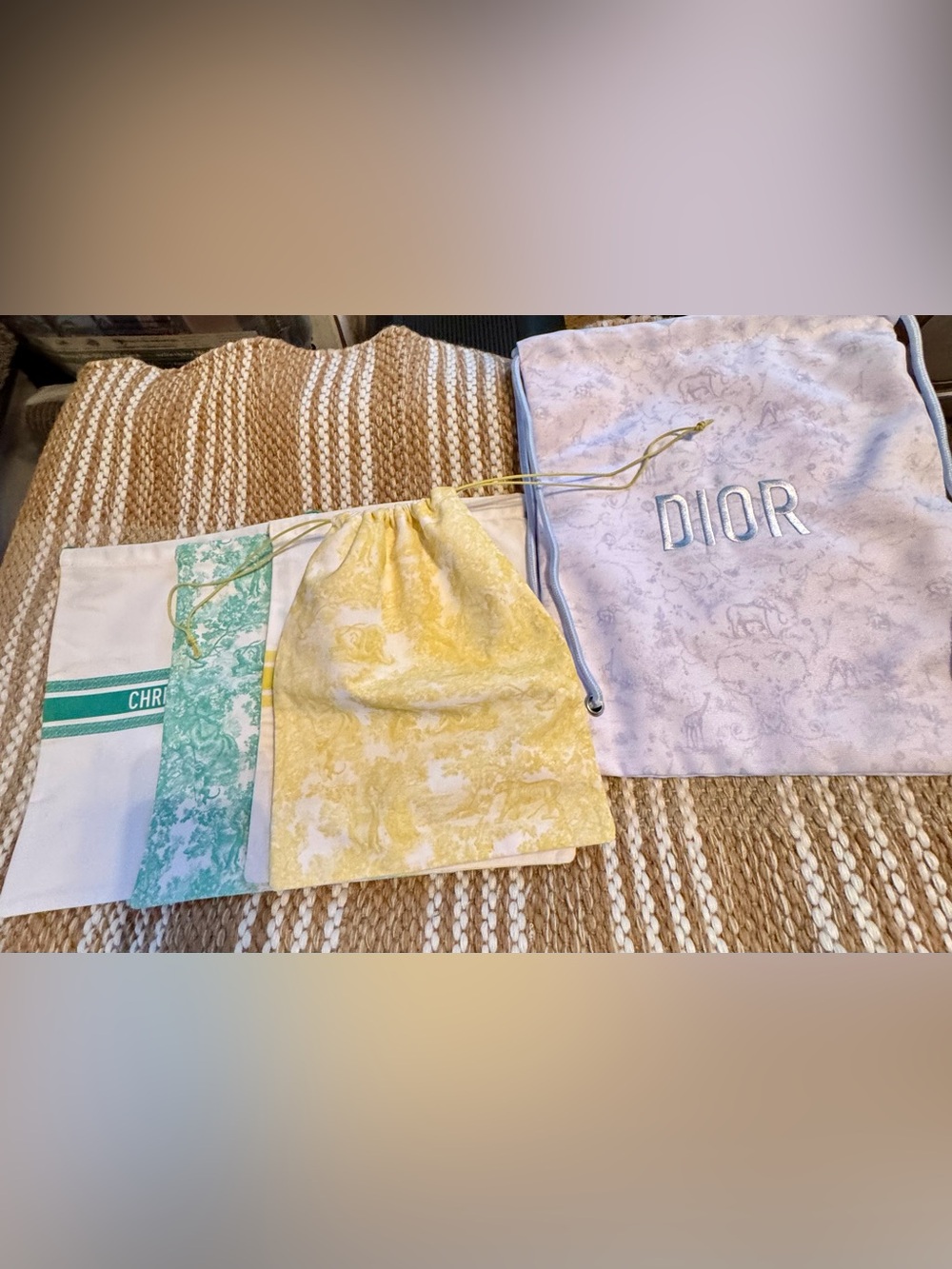 Christian Dior Drawstring Dust Bag Set in Pastel Yellow & Lilac
